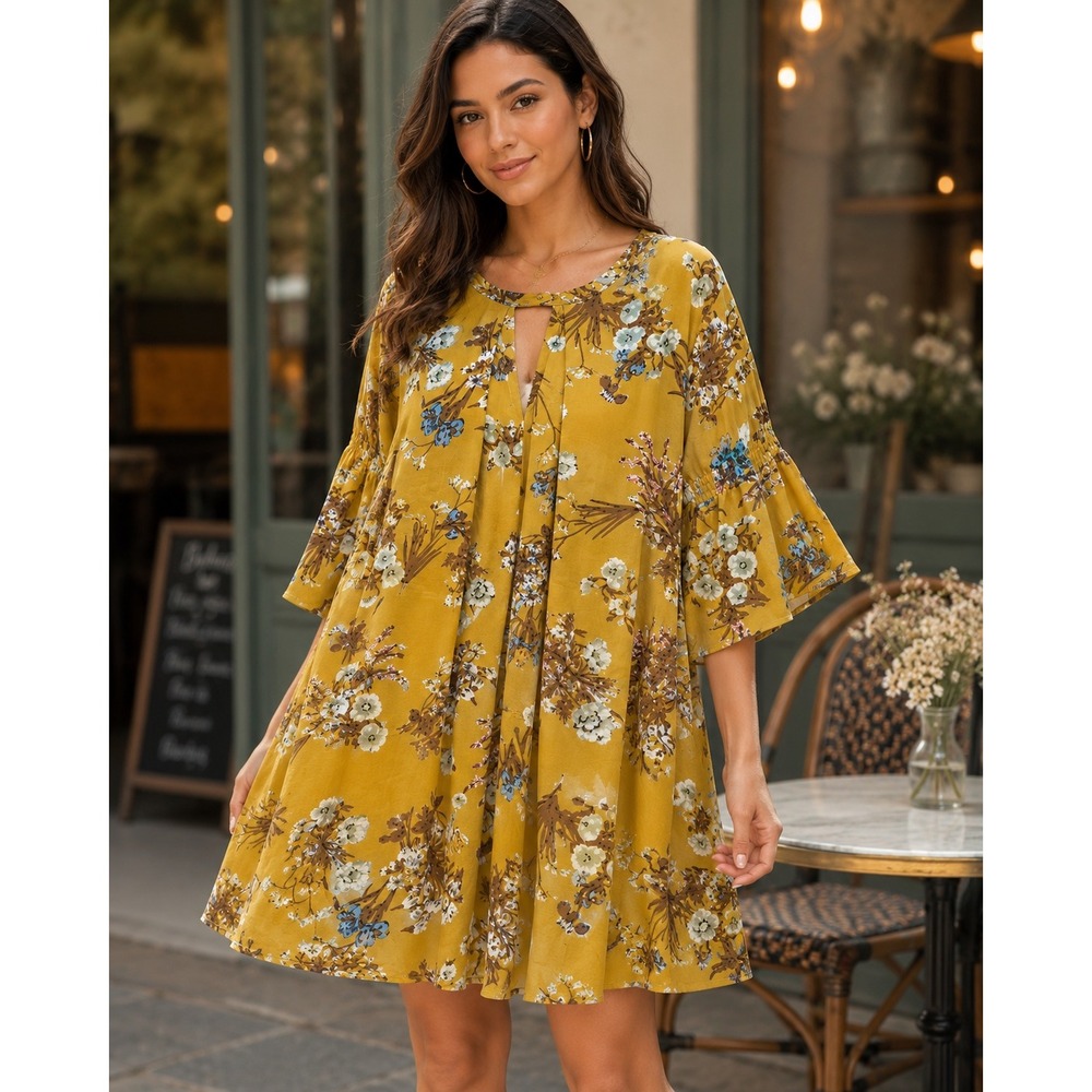 Altar'd State Women Mustard Yellow Floral Keyhole Bell Sleeve Mini Dress S R7217